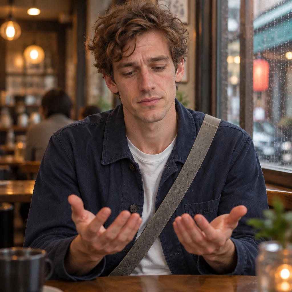 Leo looks down at his empty palms with a troubled expression.