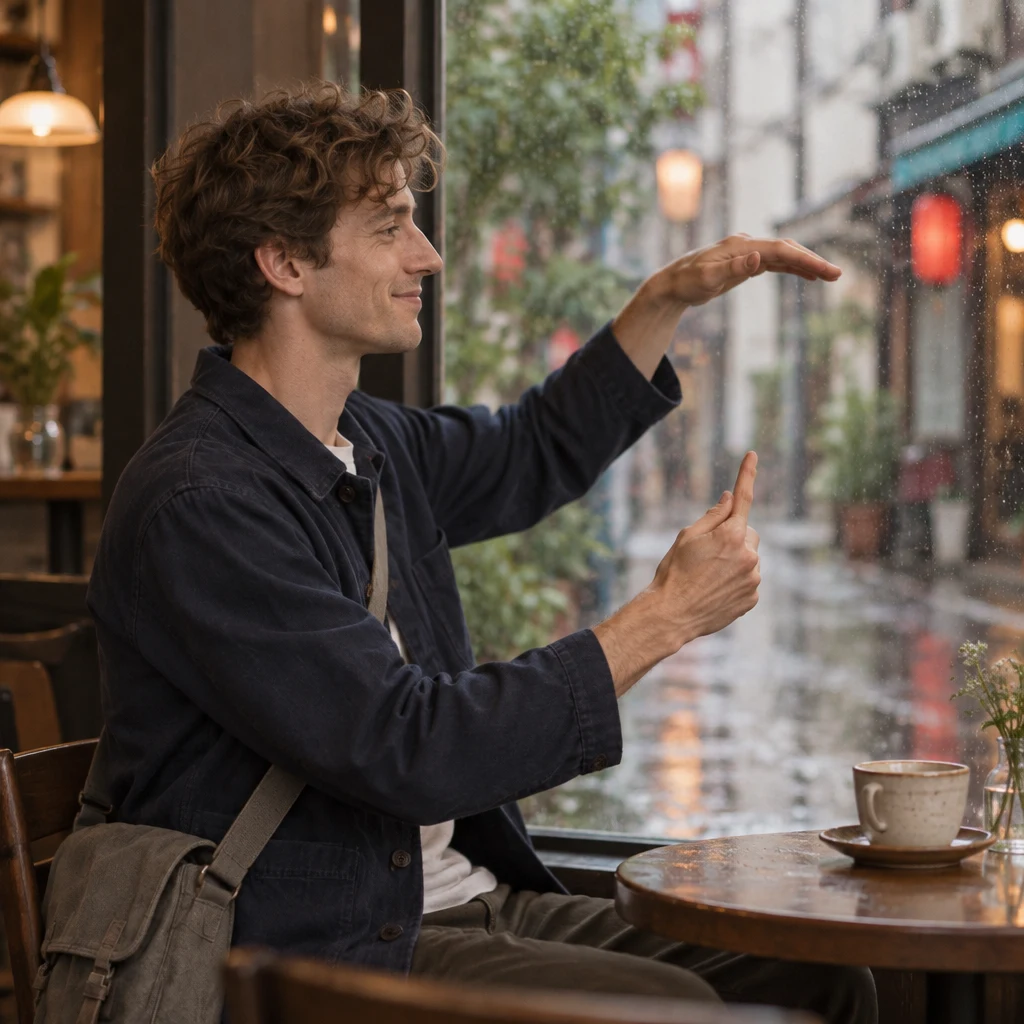 Leo gestures the shape of the clear plastic umbrella he forgot.