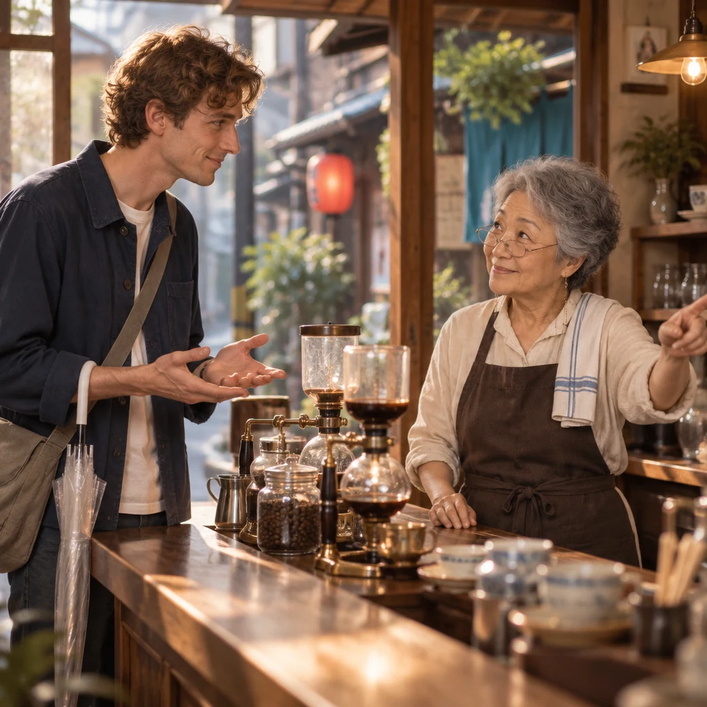 Leo asks Masako where the lost-and-found desk is while they stand by the counter.