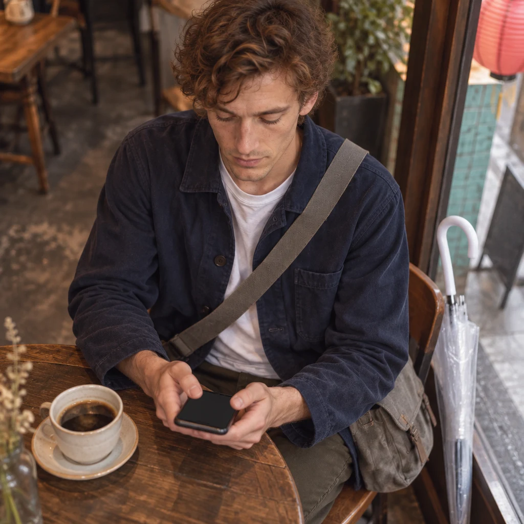 Leo looks down at his phone as its battery is nearly depleted.