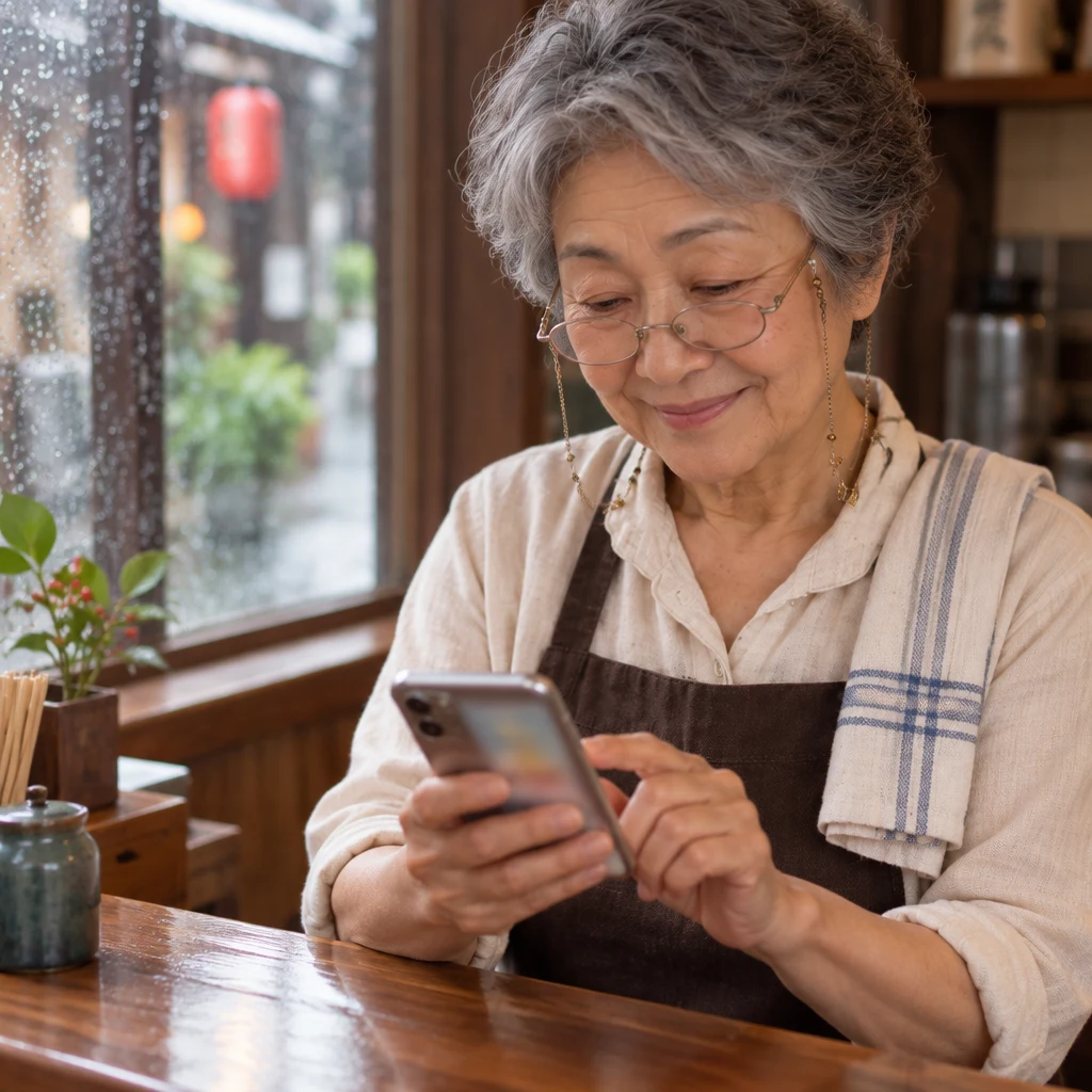 Masako holds her phone while checking the forecast.