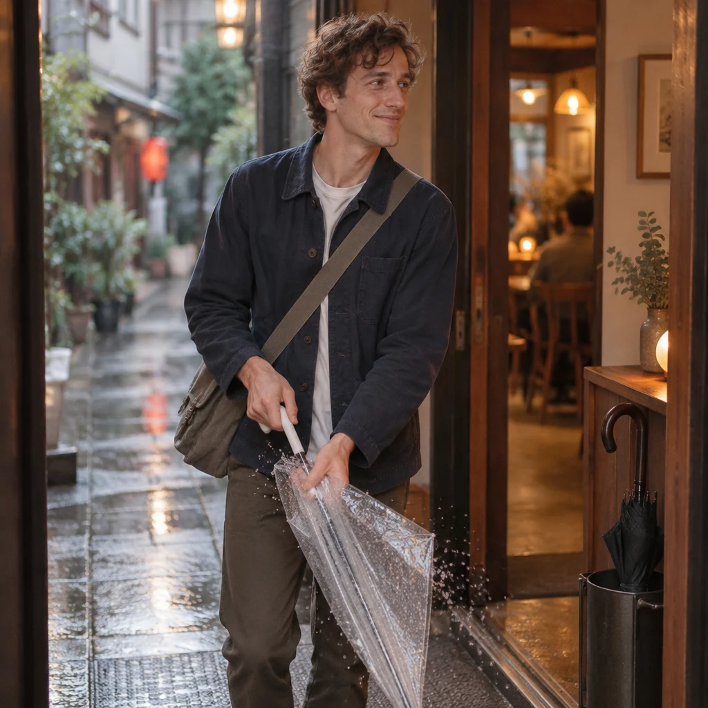 Leo stands in the doorway, drawing his shoulders in from the cold as he shakes rain from his umbrella.