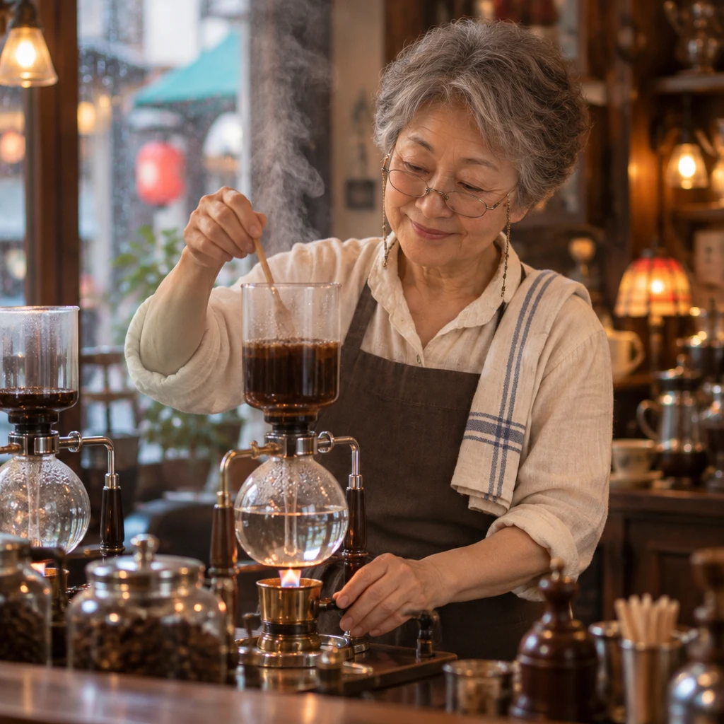 Masako tends the hot siphon burners as steam gathers in the cafe air.