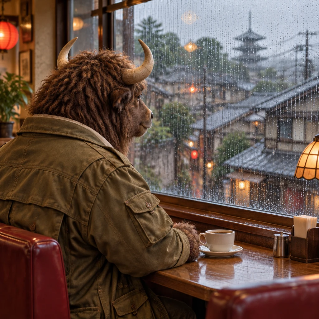 Goro looks from his corner booth toward rain streaking the cafe window, his coffee still full.