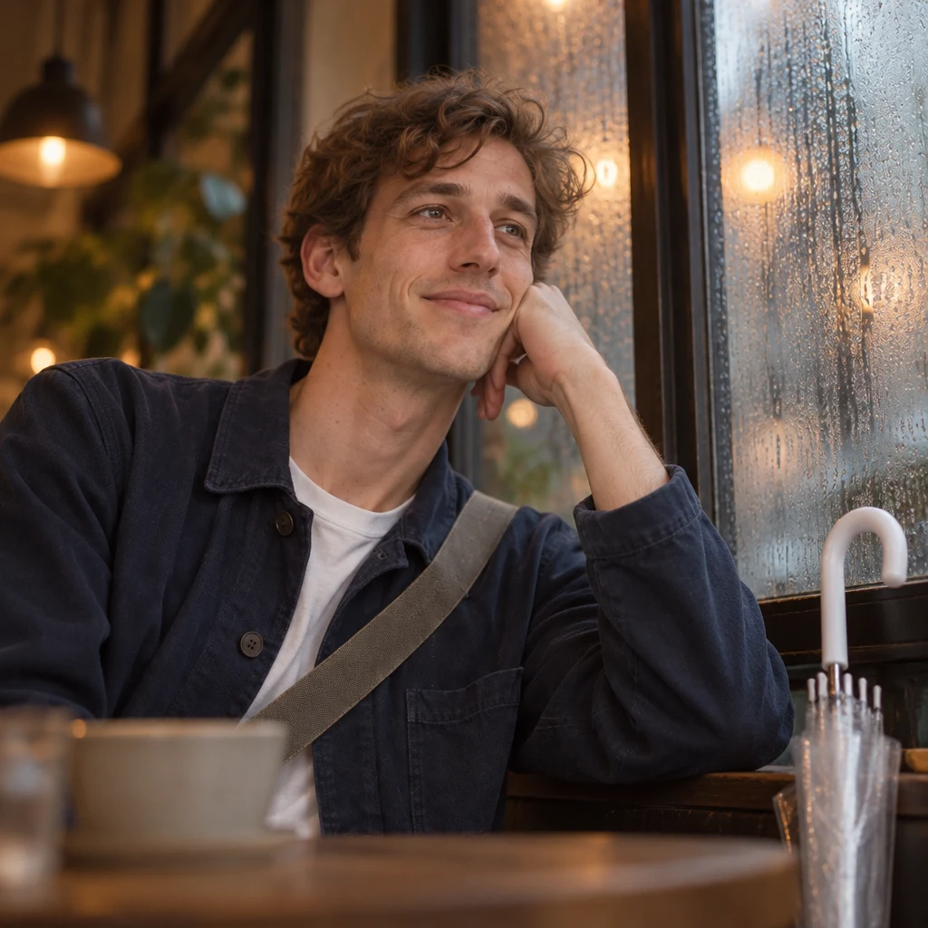 Leo pauses by the steamed windows in the heavy, humid cafe air.
