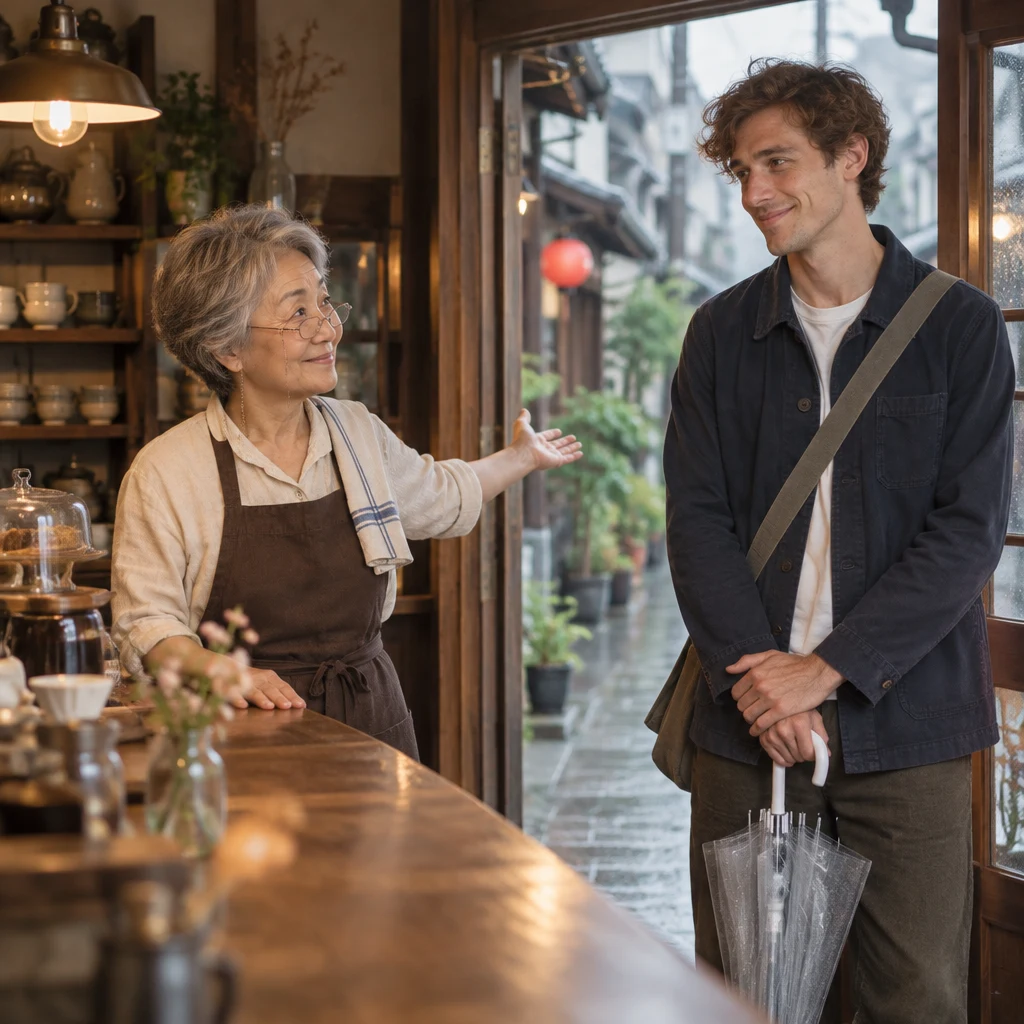 Masako gestures toward the open doorway and the rain as Leo listens nearby.
