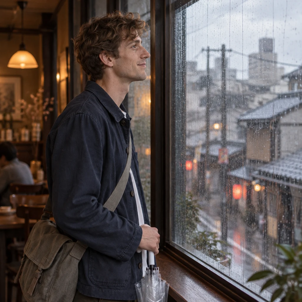 Leo looks through the cafe window at a cloudy sky above the wet rooftops.