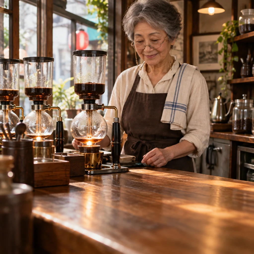 Masako watches from the siphon pots beside an open stretch of wooden counter.