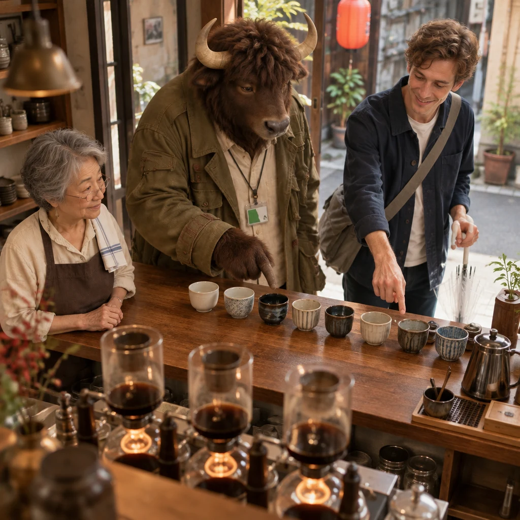 Goro loses track in the row, and Leo indicates the seventh cup while Masako watches.