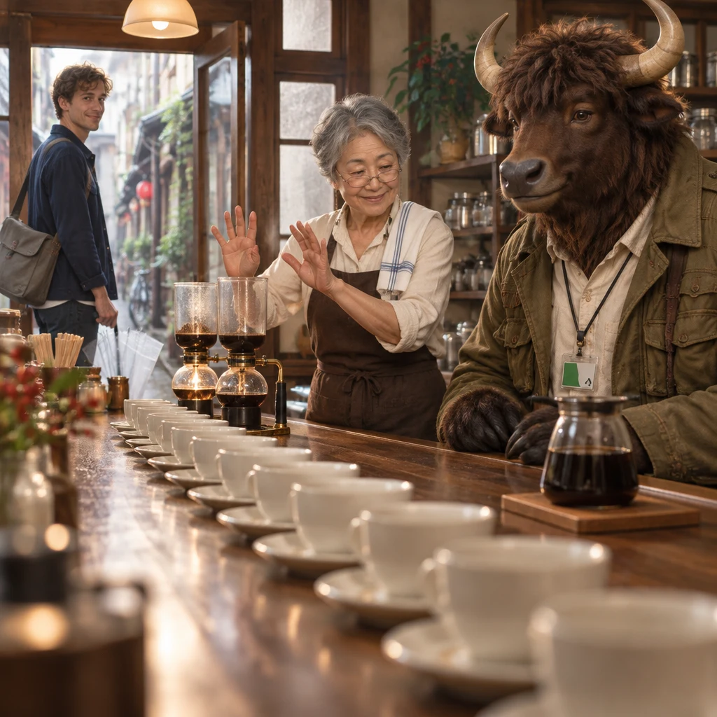 Leo looks along ten empty cups as Masako holds up both hands and Goro finishes the count.