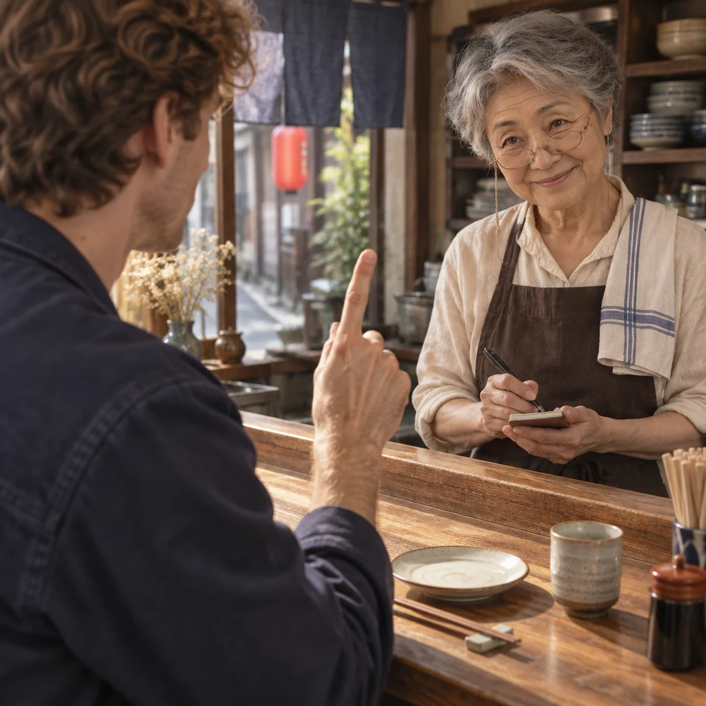 Leo lifts a single finger toward Masako beside an empty place setting.
