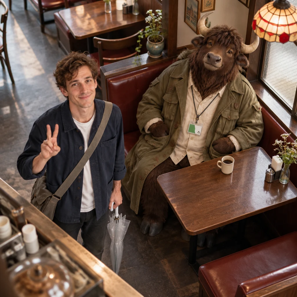 Leo holds up a pair of fingers while Goro occupies both seats in the corner booth.