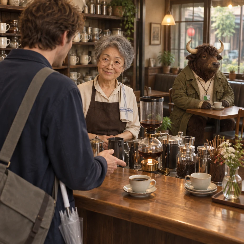 Leo gestures toward a single coffee cup beside the siphon while Masako stands across the counter.