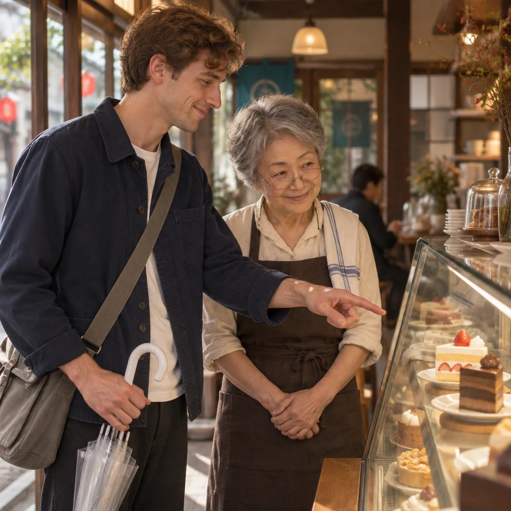 Leo gestures toward a pair of cake slices in the display while Masako waits beside him.