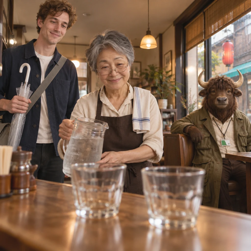Leo stands at the counter beside a pair of empty water glasses as Masako brings a pitcher and Goro remains in the booth.
