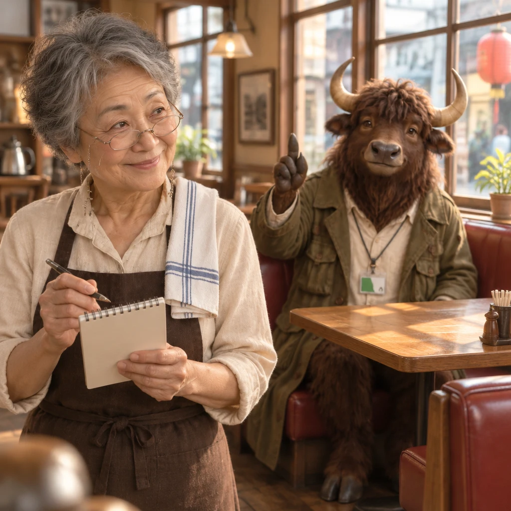 Masako checks her blank notepad while Goro raises a hoof from the corner booth.