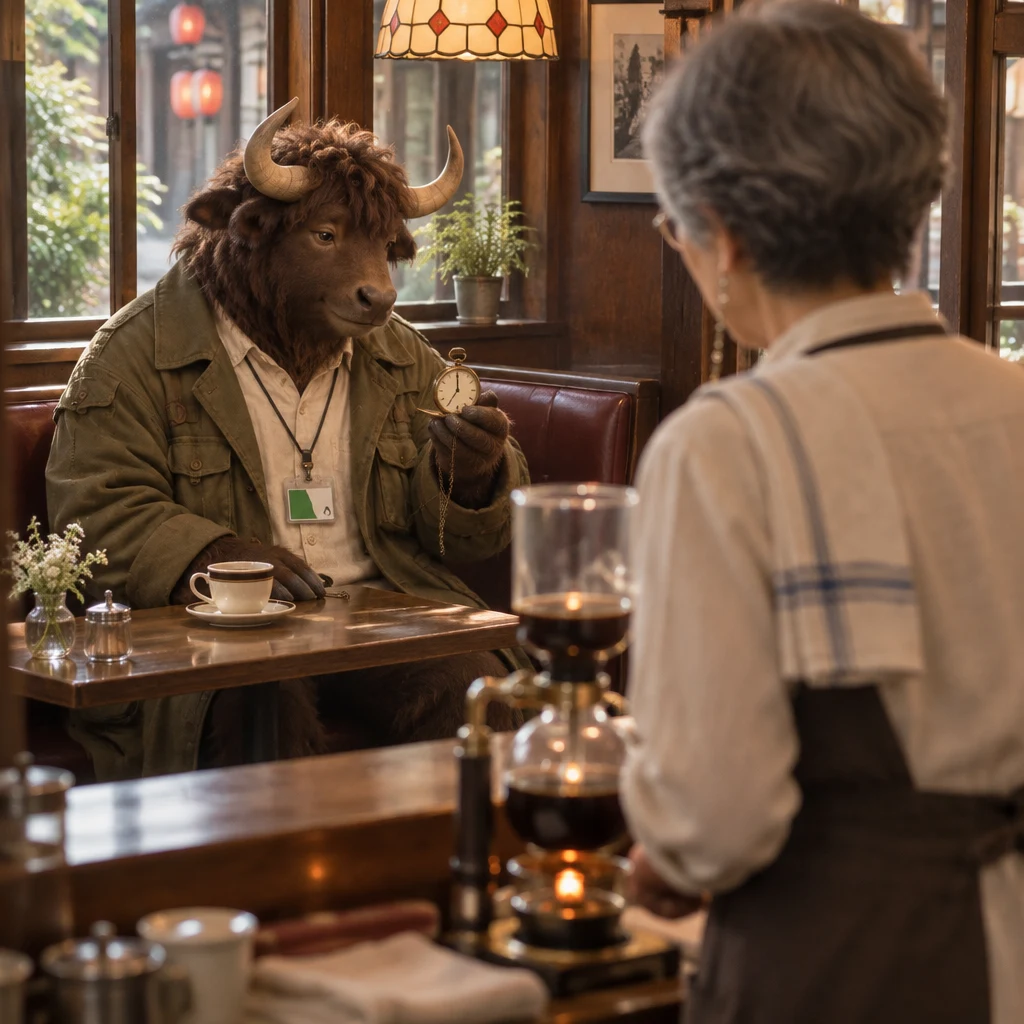 Goro opens his pocket watch to reveal hands pointing to seven while Masako watches from beside the siphon.