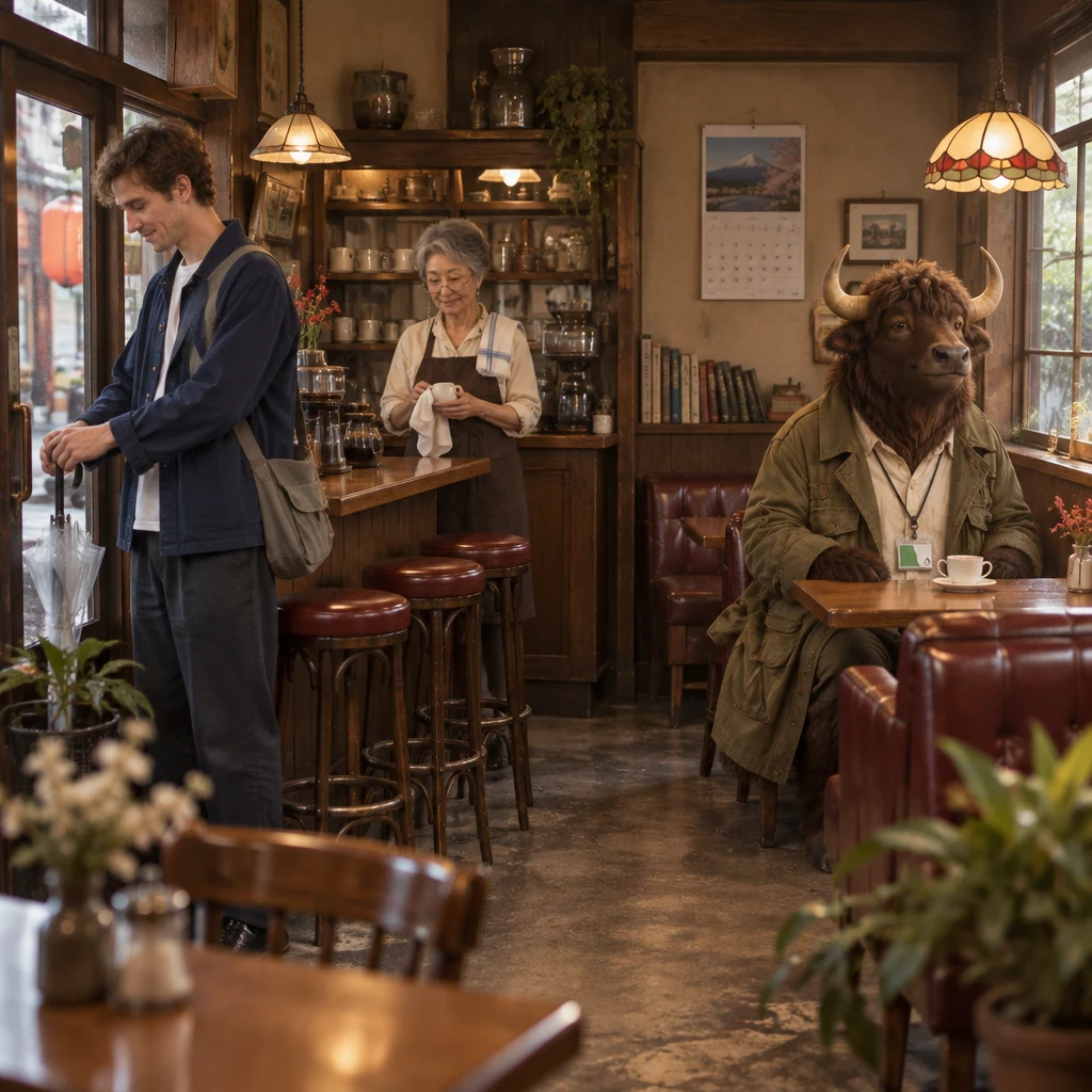 Leo hangs his clear umbrella and takes a seat at the counter while Masako wipes a cup and Goro occupies the corner booth beside his full coffee.