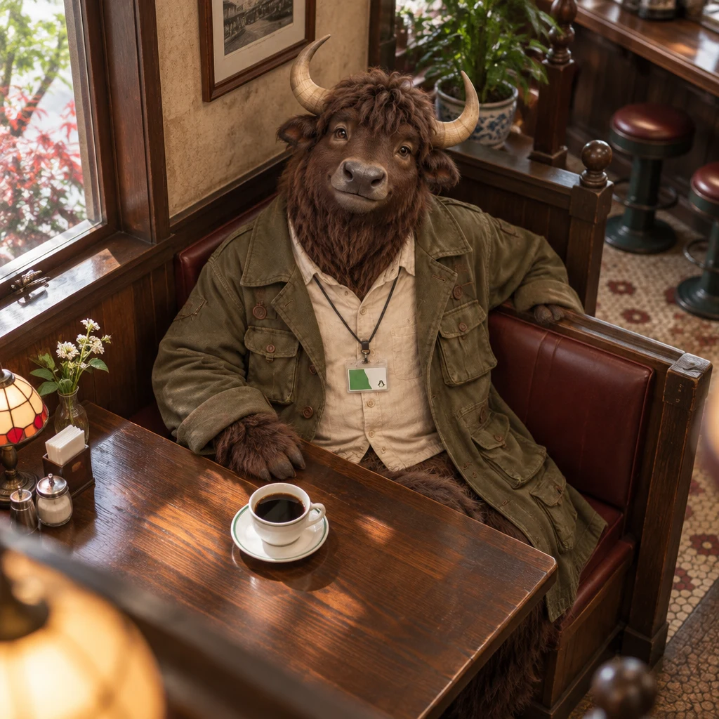 Goro sits across the paired corner-booth seats beside his untouched full coffee.