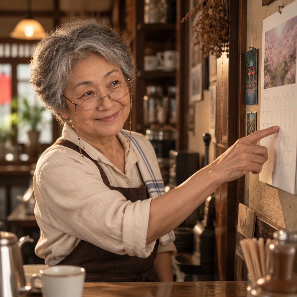Masako points toward the paper calendar on the wall.