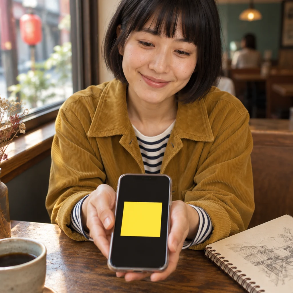 Haruka holds her phone toward Leo with a bright square displayed on its screen.