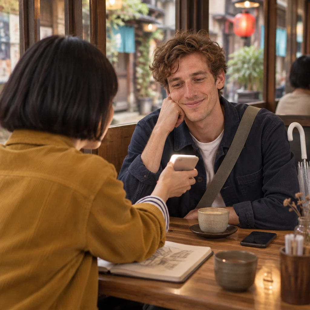 Haruka leans across the booth and presents her phone screen to Leo.