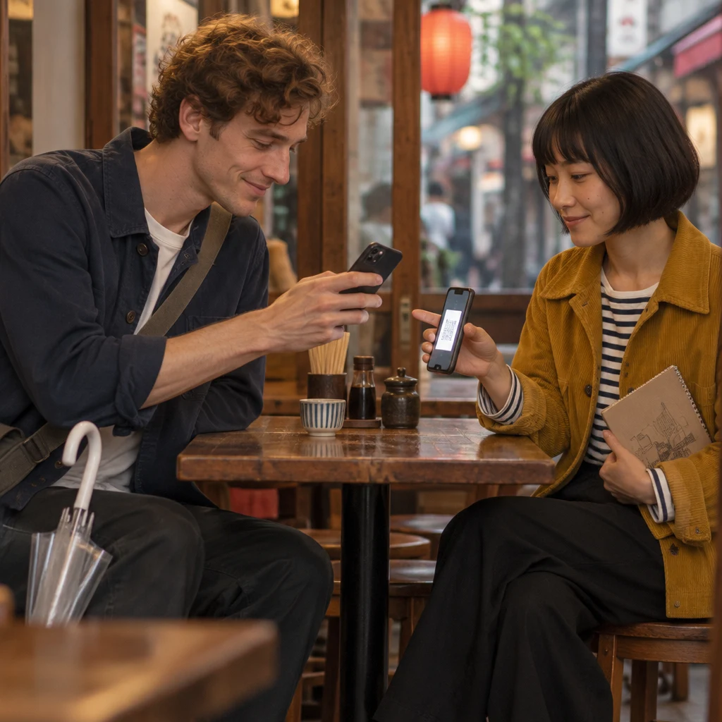 Leo scans the bright square on Haruka’s phone with his own phone.
