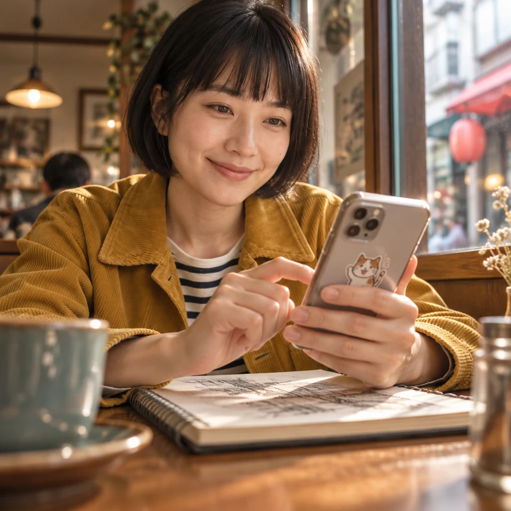 Haruka taps her phone to send a cheerful cat sticker.