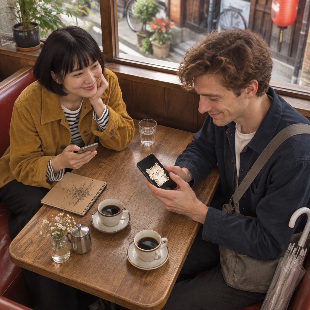 Leo checks the received cat sticker as Haruka looks toward him from across the booth.