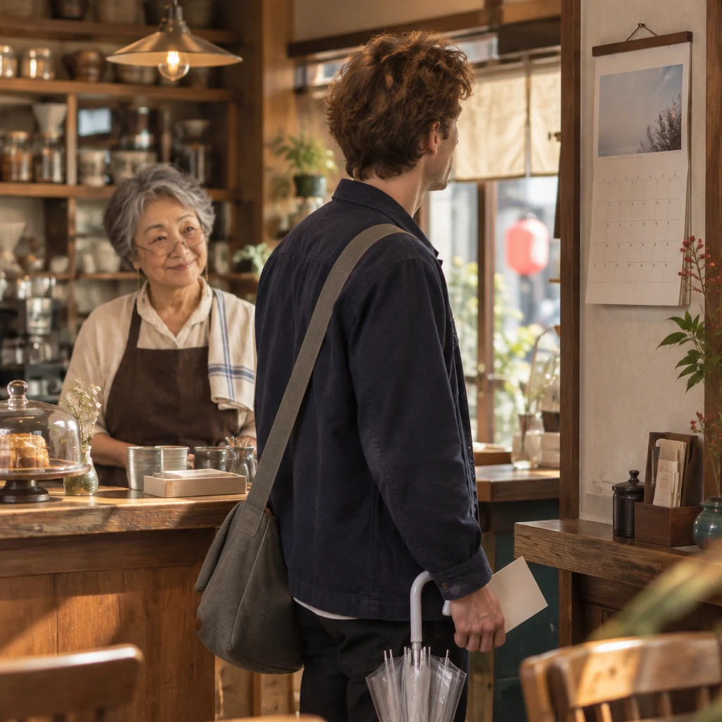 Leo holds the blank slip and looks toward the wall calendar, with Masako behind the counter.