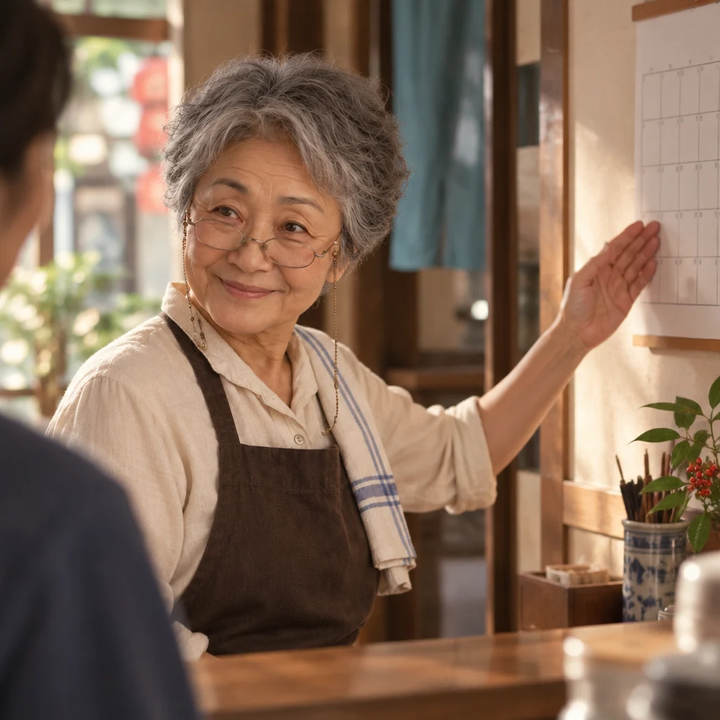 Masako raises one hand toward the wall calendar behind the counter.