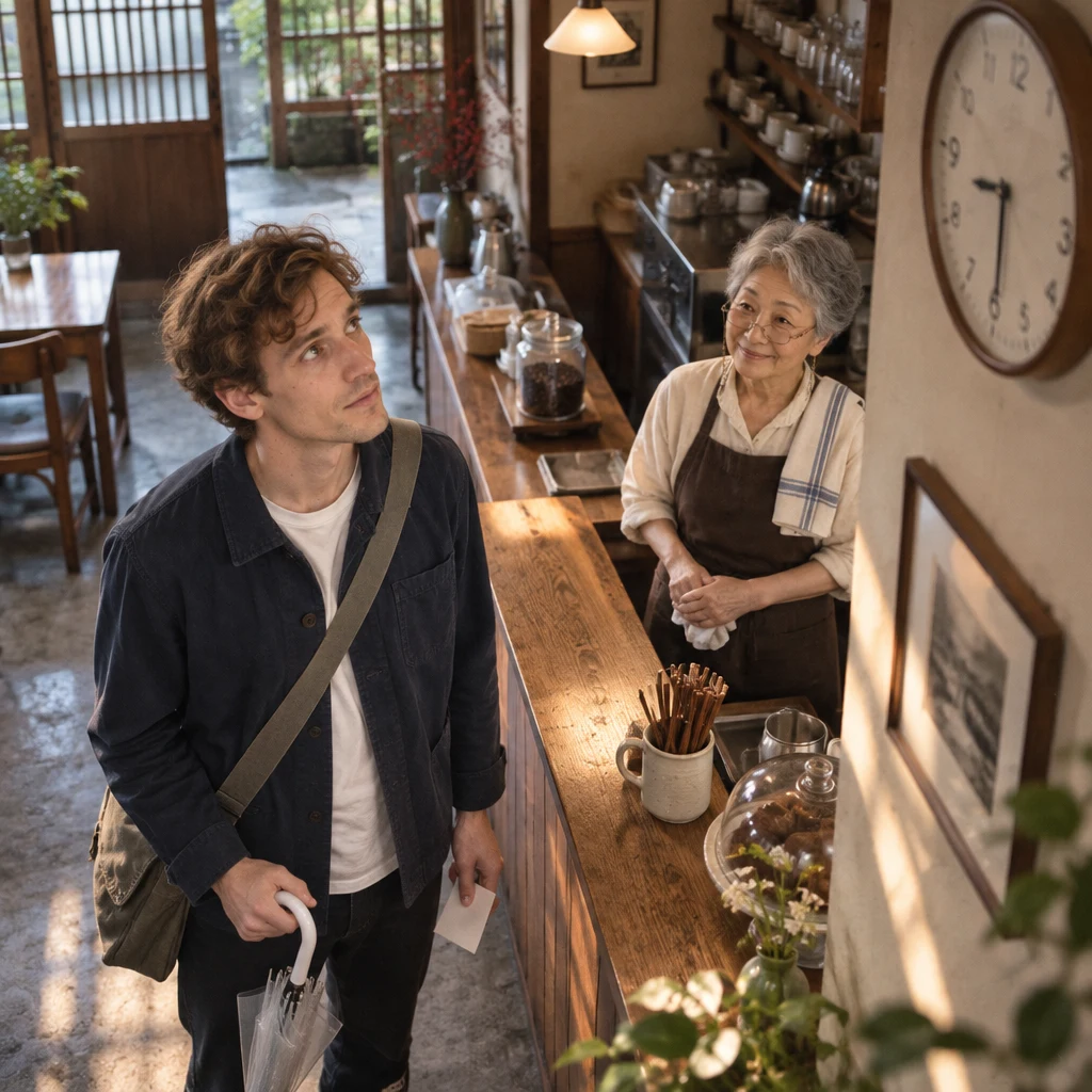 Leo looks up at the wall clock while Masako remains behind the counter.