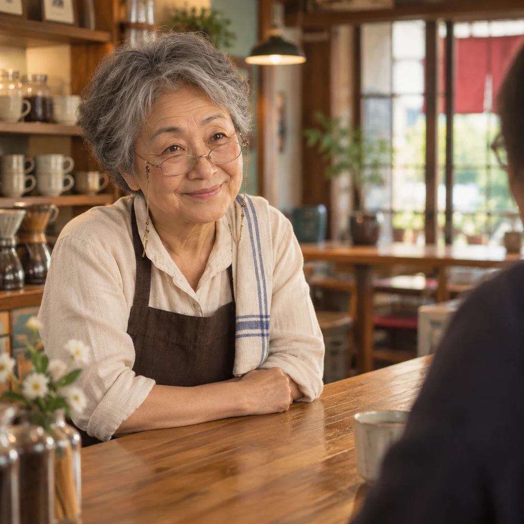 Masako leans on the counter, turned toward the customer side.
