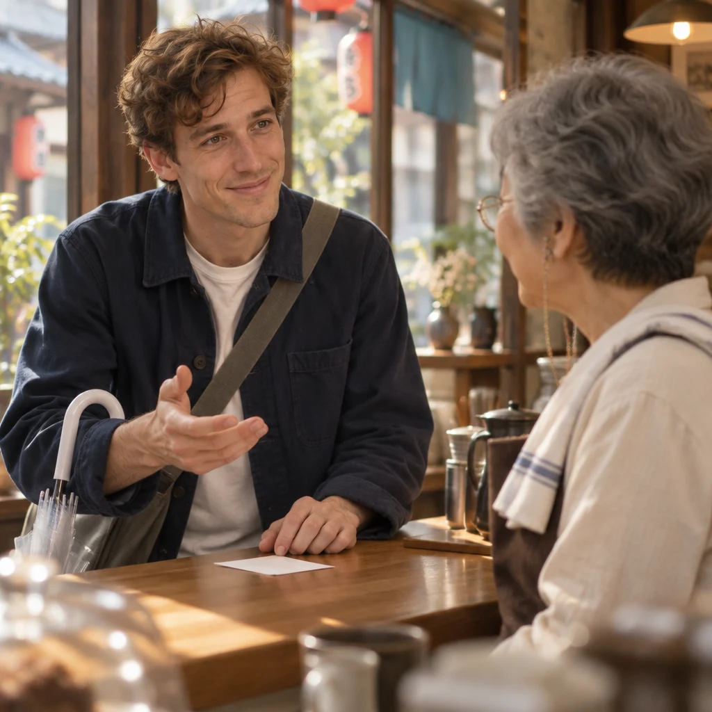 Leo makes a small forward hand gesture beside the blank slip on the counter.