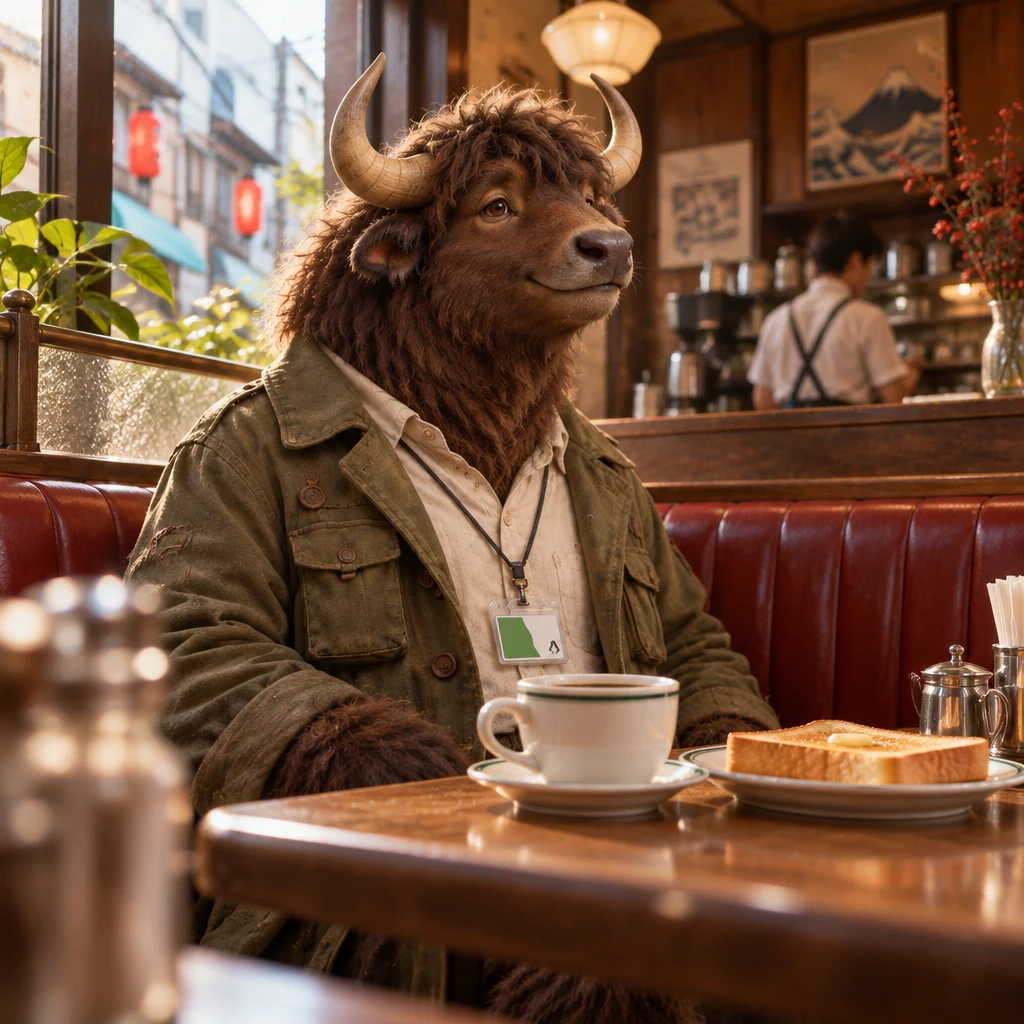 Goro looks toward the counter from the booth, with his blend coffee untouched beside thick toast.