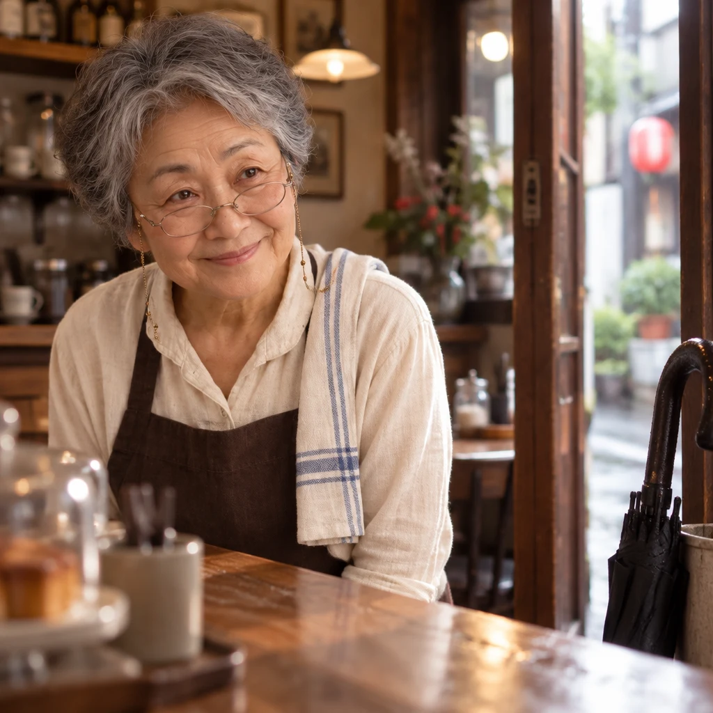 Masako gives a small confirming nod while looking toward the old black umbrella.