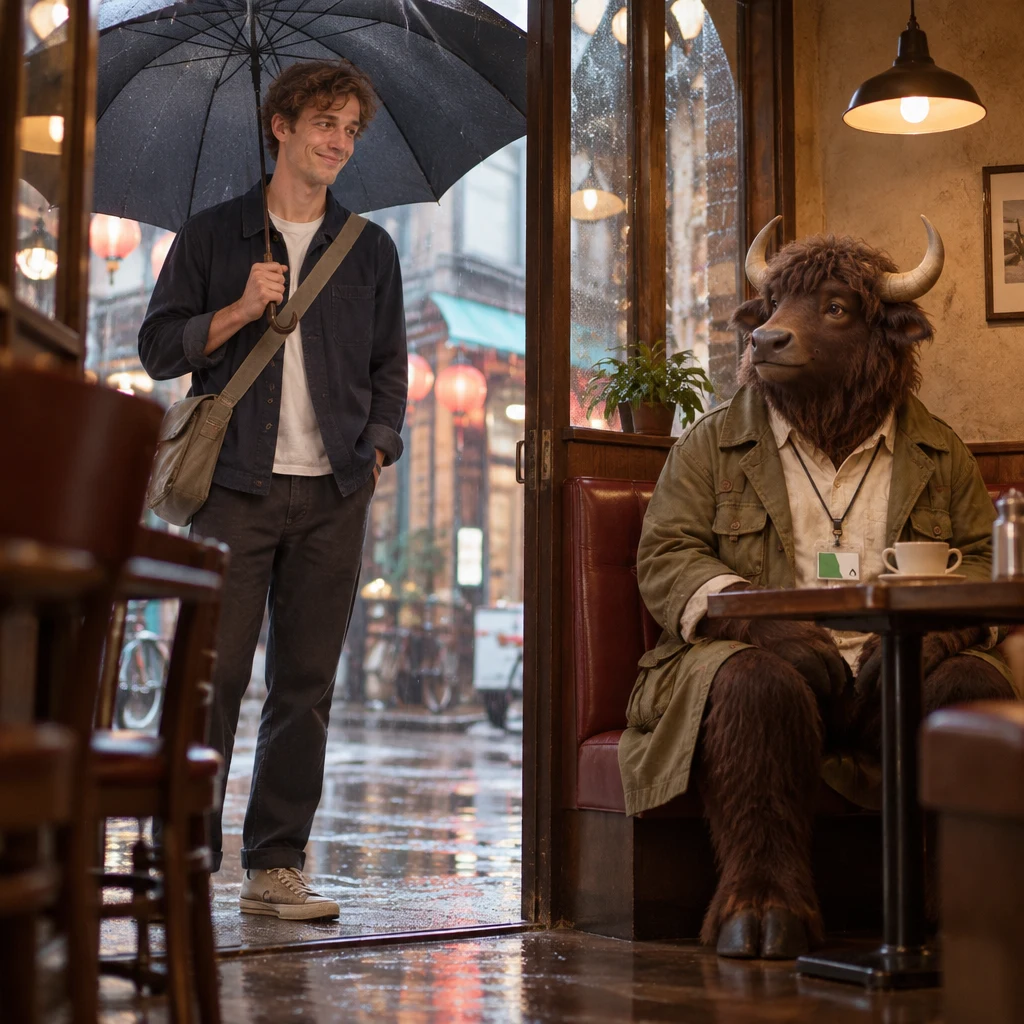 Leo holds the old black umbrella open by the doorway as Goro watches from the corner booth.