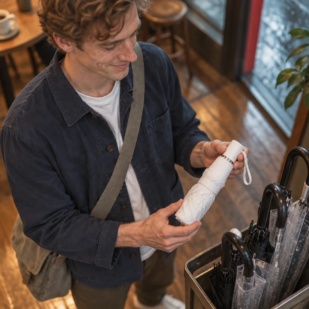 Leo examines the small white folding umbrella and finds its size inadequate.