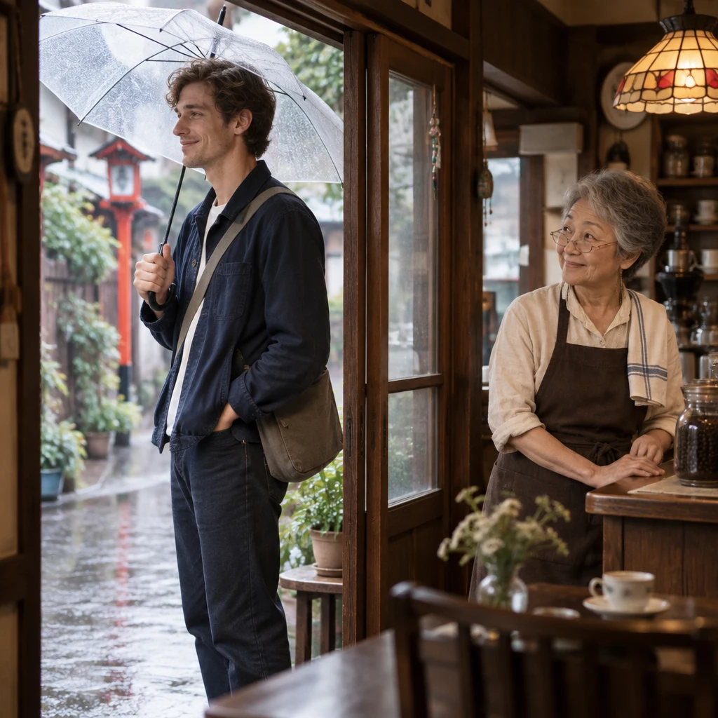 Leo stands at the threshold with his clear umbrella as Masako glances toward it approvingly.