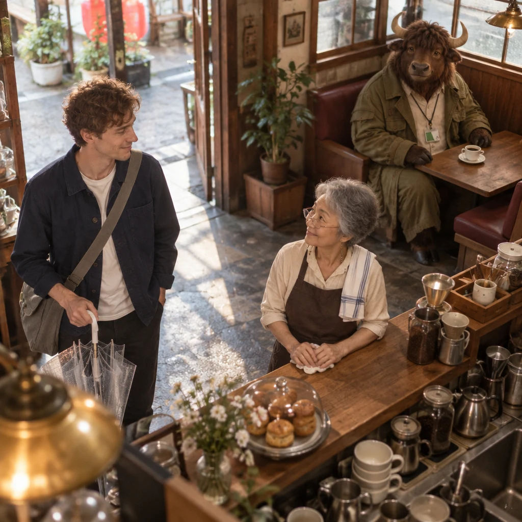 Leo addresses Masako at the cafe counter while Goro sits beside an untouched coffee in the corner booth.