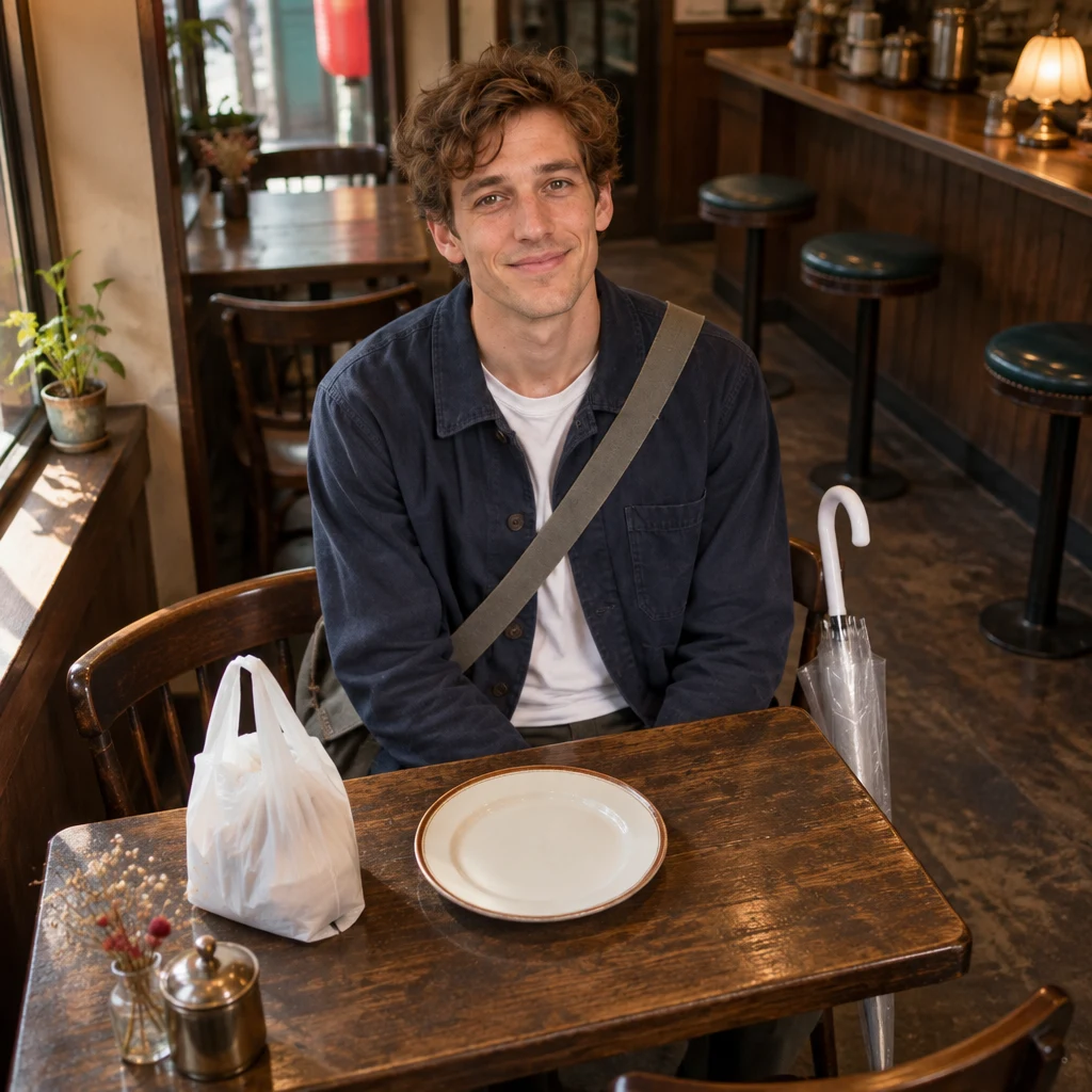 Leo sits at a kissa table with an empty plate and his unopened konbini bag, still without lunch.