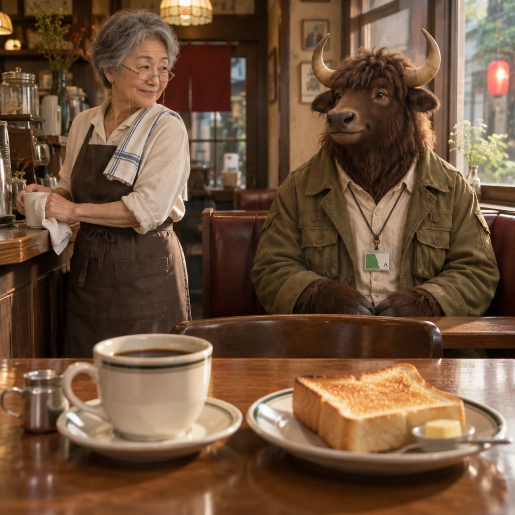 Goro sits beside his untouched blend coffee and thick toast as Masako turns toward the booth.