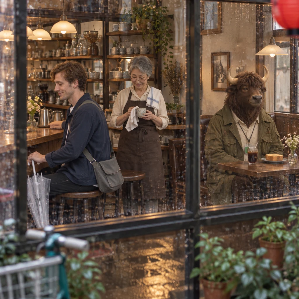 After the rain, Leo hangs his umbrella and takes a stool while Masako wipes a mismatched cup and Goro sits beside his untouched coffee and toast.
