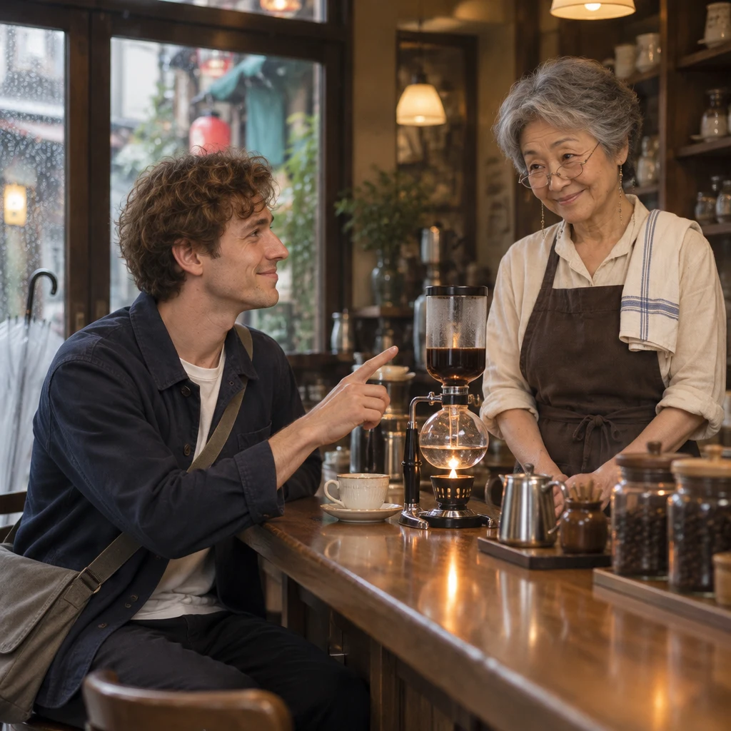 Leo gestures toward the siphon coffee as Masako waits across the counter.