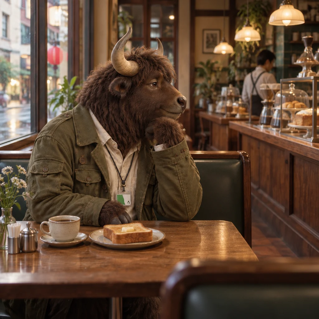 Goro looks at his untouched blend coffee and thick toast while turning toward another drink option.