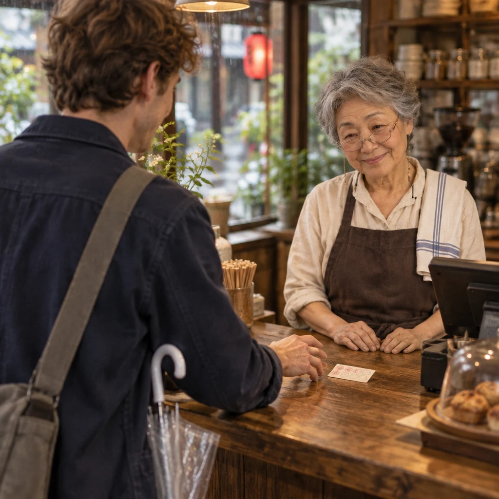 Leo reaches toward the stamp card by the till as Masako watches from behind the counter.