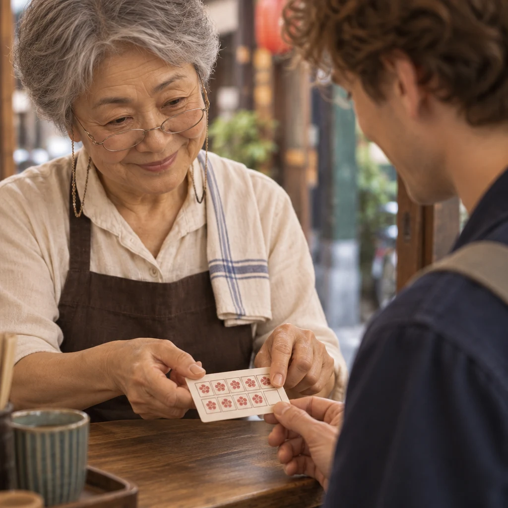 Masako checks Leo’s stamp card and finds its final stamp space empty.