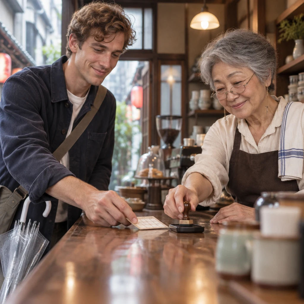 Leo slides the card toward the ink pad as Masako reaches for the stamp.