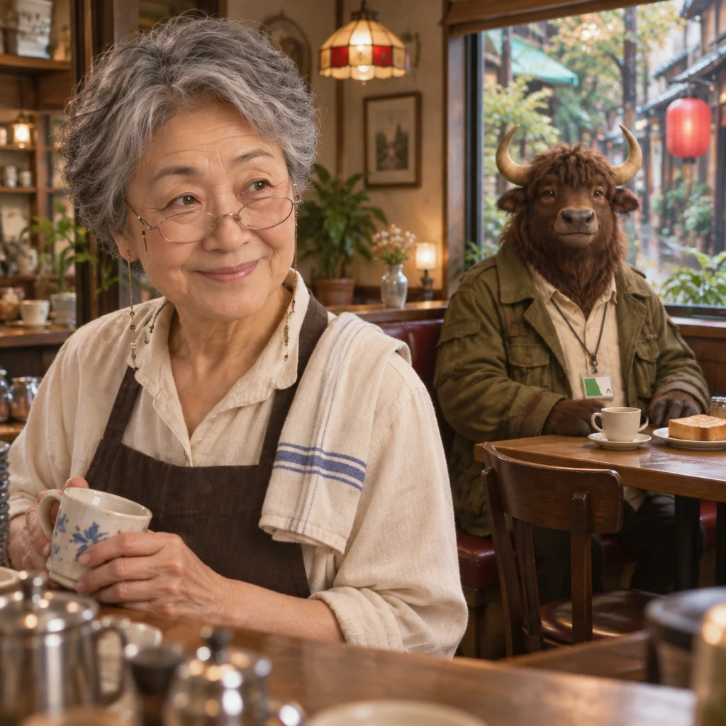 Masako pauses with a mismatched cup and glances toward Goro beside his untouched coffee and toast.