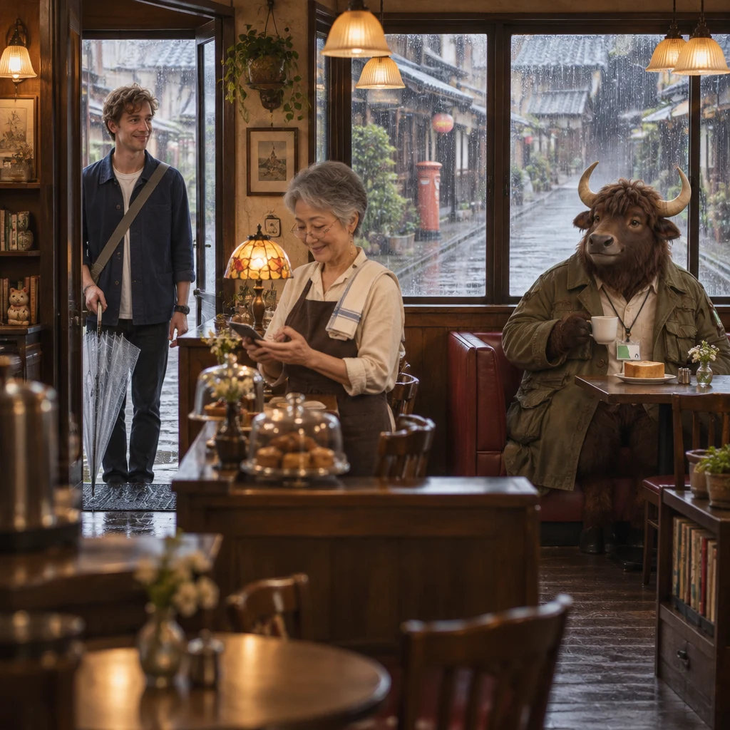 Leo enters Kissa Hotaru as Masako checks her phone and Goro sits beside untouched toast and coffee.